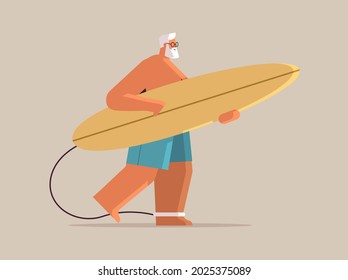 senior man with surf board aged male surfer holding surfboard summer vacation active old age concept