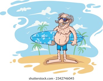 Senior man with surfboard on the beach 