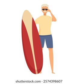 Senior man with surfboard and sunglasses is ready for surfing