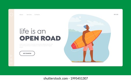 Senior Man Surfing Landing Page Template. Old Character on Ocean Beach with Surf Board in Hands. Sportsman Summer Sparetime, Sport Activity, Healthy Lifestyle. Cartoon People Vector Illustration