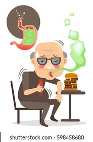 Homem sênior com sintomas de arroto e queima no peito. Sentado em um fezes comendo. imagem problema do estômago. isolado em um fundo branco.ilustração vetorial dos desenhos animados