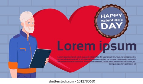 Senior Man With Tablet Computer Over Red Heart Template Background With Happy Valentines Day Label Flat Vector Illustration