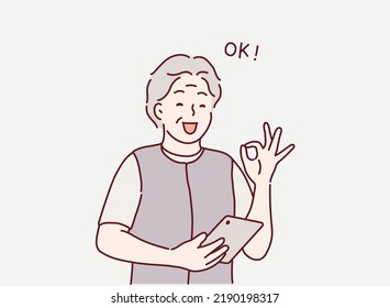 senior man with tablet pc computer. senior woman is showing a gesture Okay, ok. Hand drawn style vector design illustrations.