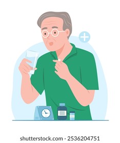 Senior Man Takes a Pill for Healthcare and Medical Concept Illustration