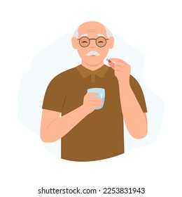 El anciano toma vitamina o suplementa la píldora de la cápsula con agua. Hombre mayor sosteniendo un vaso de agua en las manos. Tratamiento de medicamentos, farmacia y medicina, concepto. Ilustración del vector