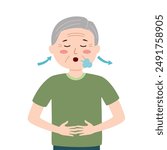Senior man taking a deep breath in flat design. Breathing exercise.