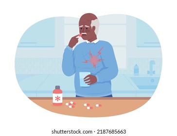 Senior man taking drugs against heart pain 2D vector isolated illustration. Cardiology flat character on cartoon background. Treatment colourful editable scene for mobile, website, presentation