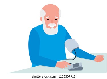 Senior Man Taking His Blood Pressure At Home. Healthy Lifestyle. Flat Cartoon Illustration Vector Set. Active Sport Concept Set