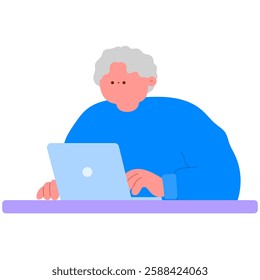 senior man taking an online class, e-learning and digital education flat vector illustration