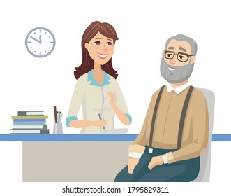 Senior man talking with a doctor - flat design style illustration with cartoon characters. Elderly person speaking with a female physician, getting advice. Healthcare and consultation, treatment idea