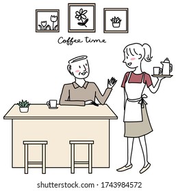 Senior man talking to waitress in cafe. Cheerful waitress taking order from male client in coffee shop. Happy mature man making an order to smiling waitress at restaurant. Hand-drawn vector.
