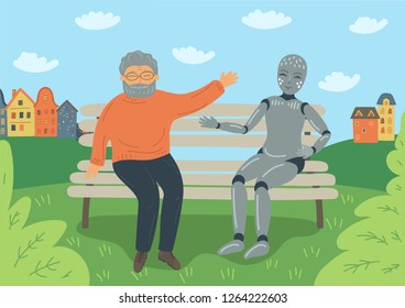 Senior man talks with robot on the bench outdoors.  Futuristic concept. on the bench outdoors. 