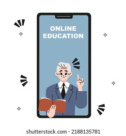 Senior man teaching online. Online education, homeschooling concept, learn from home, safe learning, covid learning, live session, technology in education, recorded session. Flat drawn style vector 