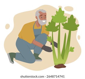 Senior man tending to a large plant in a garden illustration. Wearing gloves and overalls, he smiles as he carefully nurtures the plant. Ideal for gardening and retirement themes.