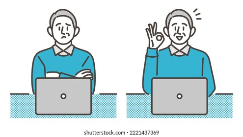 Senior man thinking in front of his laptop and happy to have his problems solved [Vector illustration].