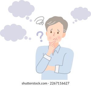 Senior man thinking, troubled expression illustration