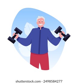 Senior man training with dumbbells. Cartoon elderly grandfather doing weight workout. Vector flat active strong retired character exercising. Healthy sport lifestyle on floral background in frame