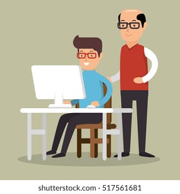 senior man trains boy working laptop