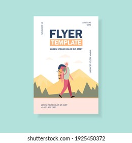 Senior man trekking in mountains. Grey haired male tourist with backpack flat vector illustration. Outdoor activity, adventure travel, lifestyle concept for banner, website design or landing web page