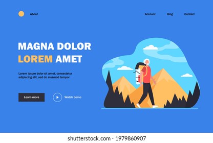 Senior man trekking in mountains. Grey haired male tourist with backpack flat vector illustration. Outdoor activity, adventure travel, lifestyle concept for banner, website design or landing web page
