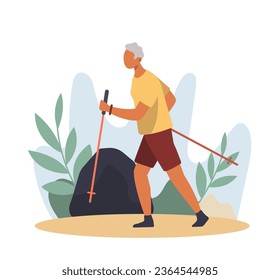 Senior man with trekking poles walking outside, training. Healthy and active lifestyle for old people concept. Flat vector illustration in cartoon style in blue colors