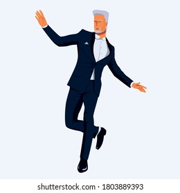 Senior Man In A Tuxedo Is Dancing. Elegantly Dressed In Formal Suit An Older Man With White Hair Strands In A Laudatory Posture. Vector Flat Design Illustration.