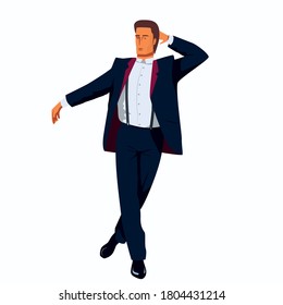 Senior man in a tuxedo is standing in a dancing pose. Elegantly Dressed in Formal Suit chick man depicts a victory dance