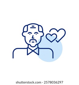 Senior man and two hearts. Dating app for all ages. Older people looking for love and romance. Pixel perfect, editable stroke icon