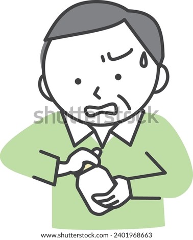 Senior man unable to open bottle cap due to weak grip strength.