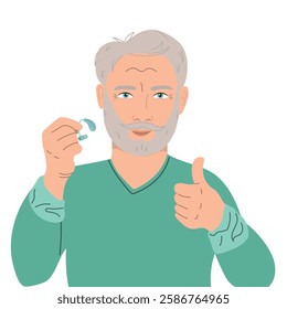 Senior man uses hearing aid and shows thumbs up. Hear impairment and deaf community concept. Happy man portrait, ear mould receiver for listening. Vector illustration