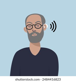 Senior man using hearing aid.