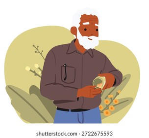 Hombre mayor que usa las medicinas herbarias y el producto homeopático como parte de su escena de la historieta de la atención sanitaria. Envejecimiento proactivo, gestión holística de la salud, tratamientos alternativos para la Ilustración vectorial del autocuidado