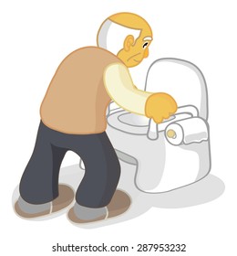 A senior man using a portable toilet