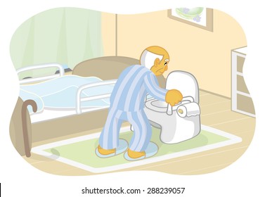 A senior man using portable toilet in his bedroom