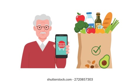 Hombre mayor que utiliza el App del smartphone para el dispositivo de la tenencia del servicio de entrega de comestibles junto a la bolsa de papel llena de productos frescos.