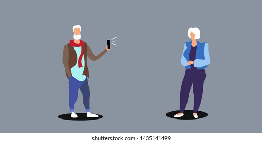 senior man using smartphone camera taking photo of aged mature woman model fashion shoot concept sketch doodle horizontal full length