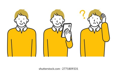 Senior man using smartphone, portrait set with different expressions, smiling while using, thinking about interface, confused while searching, digital literacy and technology adoption concept, simple line art style