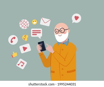 Senior Mann mit Smartphone für soziale Verbindung und Unterhaltung. Videos ansehen, E-Mails und Nachrichten senden, anrufen. Sozialer aktiver Lebensstil für ältere Menschen Konzept. Flache Vektorgrafik