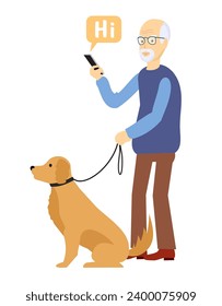 Senior man using smartphone for social connection. Elderly male character communicate in social networks. Grandfather with a dog on a walk. Social active lifestyle for elder people concept. Vector