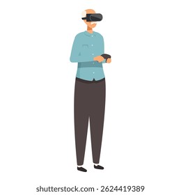 Senior man is using virtual reality glasses and holding controllers, experiencing immersive virtual reality gaming