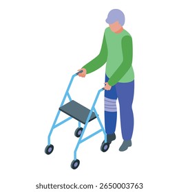 Homem idoso usando um andador com perna lesionada, ilustração vetorial isométrica, reabilitação e conceito de saúde