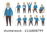 Senior man - vector cartoon people character set isolated on white background. Cheerful grandfather in different situations and poses, nordic walking, travelling, going shopping, sitting on a chair