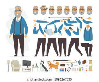 Senior man - vector cartoon people character constructor isolated on white background. Set of different poses, gestures, emotions for animation. TV set, dogs, umbrella, pills, medical devices