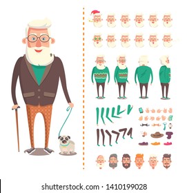 Senior man vector, emoticons and emoji old person walking dog and holding. Animated character, constructor, male parts of body and facial expressions, grandparent with a beard