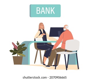 Senior man visit bank sit in office talking to manager of credit or deposit department worker. Retirement, pension and bank service concept. Cartoon flat vector illustration