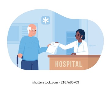 Senior man visiting hospital 2D vector isolated illustration. Healthcare service flat characters on cartoon background. Colourful editable scene for mobile, website, presentation. Bebas Neue font used