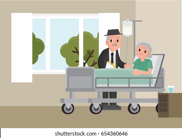 A Senior Man Visits A Patient Lying On Hospital Bed. Senior Woman Resting In A Bed. Grandfather Visits Sick Grandmother. Flat Cartoon Style Vector Illustration.