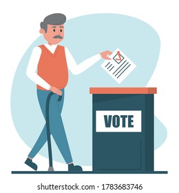 Senior man voting for a president vector isolated. Male character standing at the vote box and holding voting ballot.