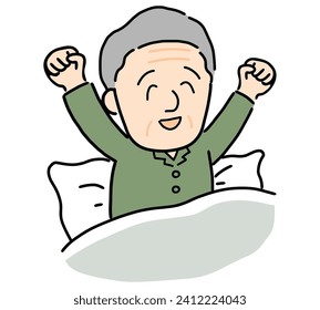 A senior man wakes up refreshed and stretches.