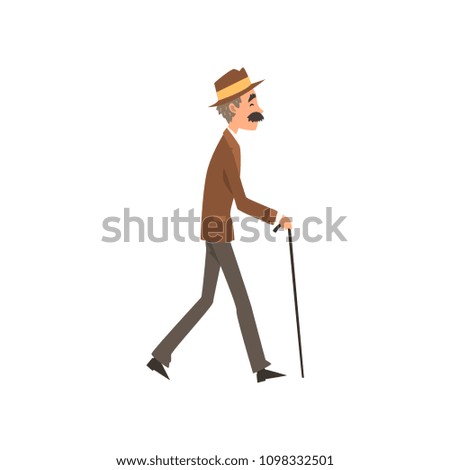 Senior man walking with cane, active healthy lifestyle concept cartoon vector Illustration on a white background